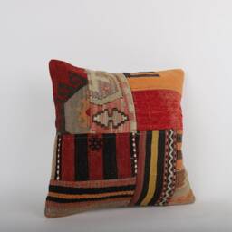 Vintage Turkish Kilim Pillow Cover Handwoven Wool Cushion - 16x16 - thumbnail 2