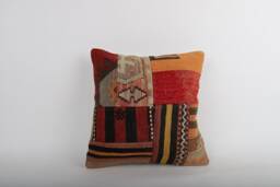 Vintage Turkish Kilim Pillow Cover Handwoven Wool Cushion - 16x16 - thumbnail 1