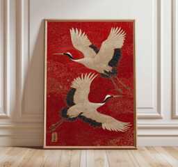 Japanese Crane Wall Art - Red & Gold Oriental Bird Print, Traditional Asian Poster, Elegant Unframed Home Decor - thumbnail 1