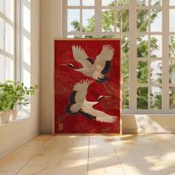 Japanese Crane Wall Art - Red & Gold Oriental Bird Print, Traditional Asian Poster, Elegant Unframed Home Decor - thumbnail 3
