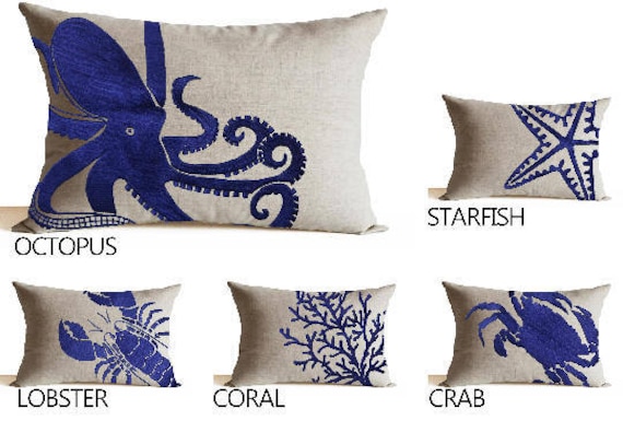 Set Of 5 Pillow Cover, Spring D??cor, Sea Life Set, Oceanic Theme Pillows, Beach Embroidered Coral Starfish Crab - image 1