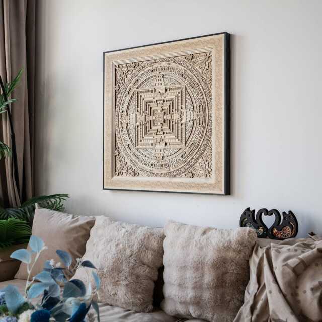 Kalachakra Mandala Wood Wall Art, 3D Layered Natural Sculpture, Meditation & Yoga Room Decor - image 1