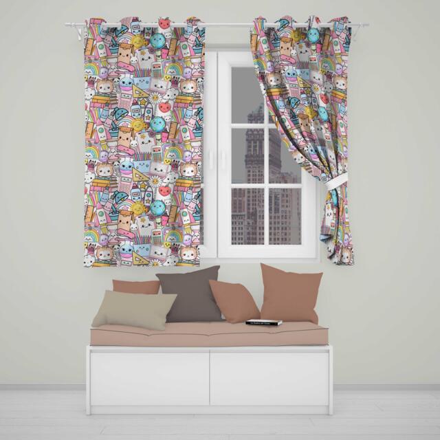 Cute Kawaii Busy School Supplies Desk Grey Background Seamless Pattern Readymade Eyelet Ring Top Thermal 100% Blackout Curtains - image 1