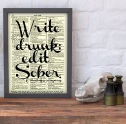 Write Drunk Edit Sober Script Style Ernest Hemingway Quote On An Antique Dictionary Page, Art Print Wall Decor