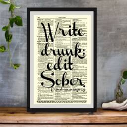 Write Drunk Edit Sober Script Style Ernest Hemingway Quote On An Antique Dictionary Page, Art Print Wall Decor - thumbnail 2