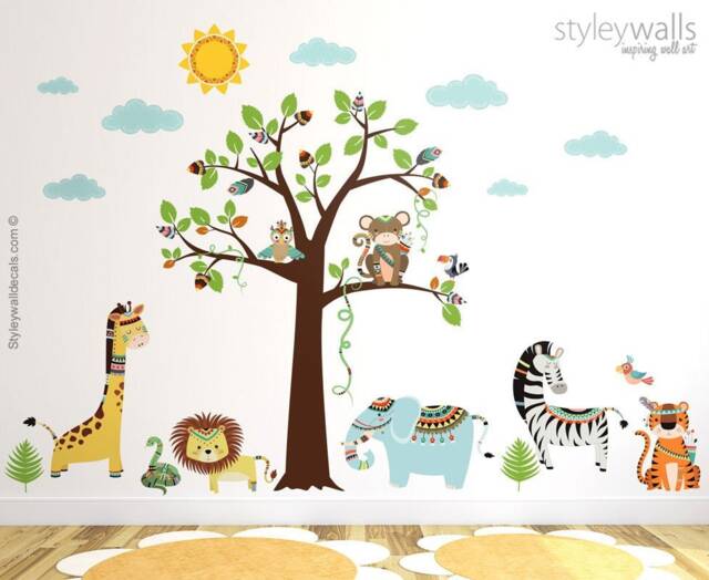 Tribal Animals Wall Decal, Jungle Safari Sticker, Monkey Giraffe Lion Elephant Nursery Decor - image 1