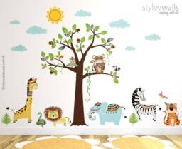 Tribal Animals Wall Decal, Jungle Safari Sticker, Monkey Giraffe Lion Elephant Nursery Decor - thumbnail 1