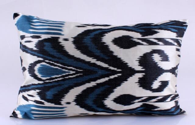 Ikat Silk Velvet Pillow 16x24 - Handmade Boho Cushion Cover Turkish Home Decor Accent - image 1