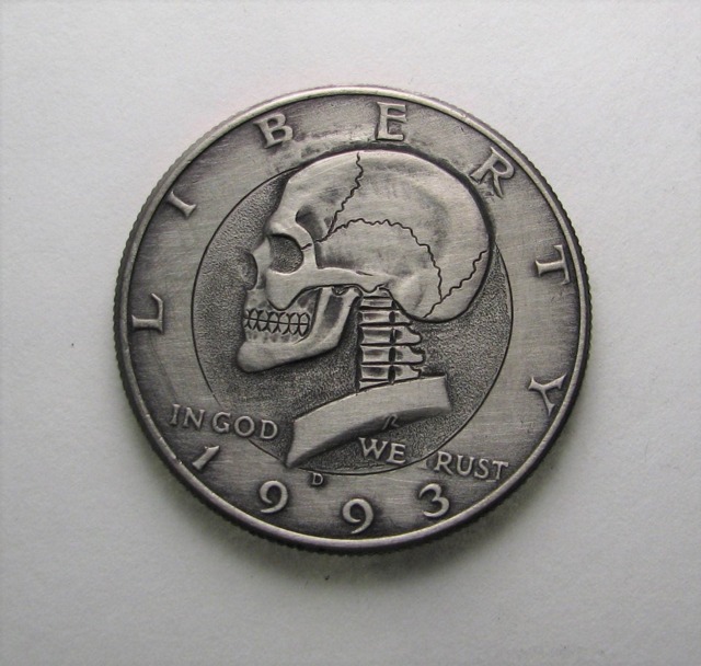 Hobo Nickel Skull On Kennedy Half By M.j. Petitdemange One Of A Kind Coin-Handcarved-Folkart-Jewelry-Art-Metal-Sculpture-Halloween - Ooak - image 1