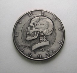 Hobo Nickel Skull On Kennedy Half By M.j. Petitdemange One Of A Kind Coin-Handcarved-Folkart-Jewelry-Art-Metal-Sculpture-Halloween - Ooak - thumbnail 1