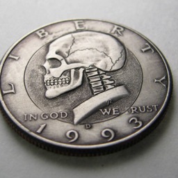 Hobo Nickel Skull On Kennedy Half By M.j. Petitdemange One Of A Kind Coin-Handcarved-Folkart-Jewelry-Art-Metal-Sculpture-Halloween - Ooak - thumbnail 2