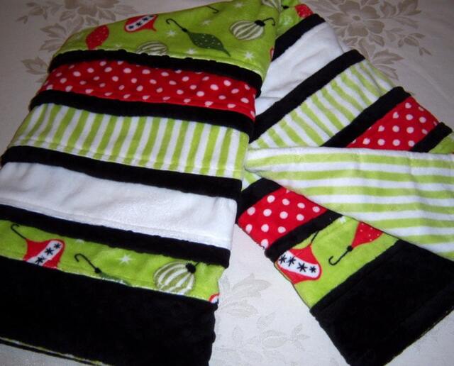 Sale Christmas Ornaments, Red & White Polka Dots, Green Stripes, Black Trimmed Baby/Toddler Minky Blanket - image 1