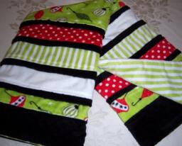 Sale Christmas Ornaments, Red & White Polka Dots, Green Stripes, Black Trimmed Baby/Toddler Minky Blanket - thumbnail 1