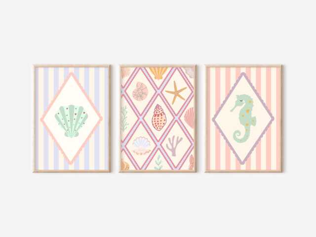 Bright Pastel Ocean & Shell Themed Prints For A Nursery, Little Girls Room Or Playroom. - Prints Only, Unframed - image 1