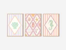 Bright Pastel Ocean & Shell Themed Prints For A Nursery, Little Girls Room Or Playroom. - Prints Only, Unframed - thumbnail 1