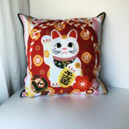 Maneki Neko Cat Pillow Cover, Sofa Bedding Throw, Cotton Animal Pillow, Japanese Lovers Gift - thumbnail 4