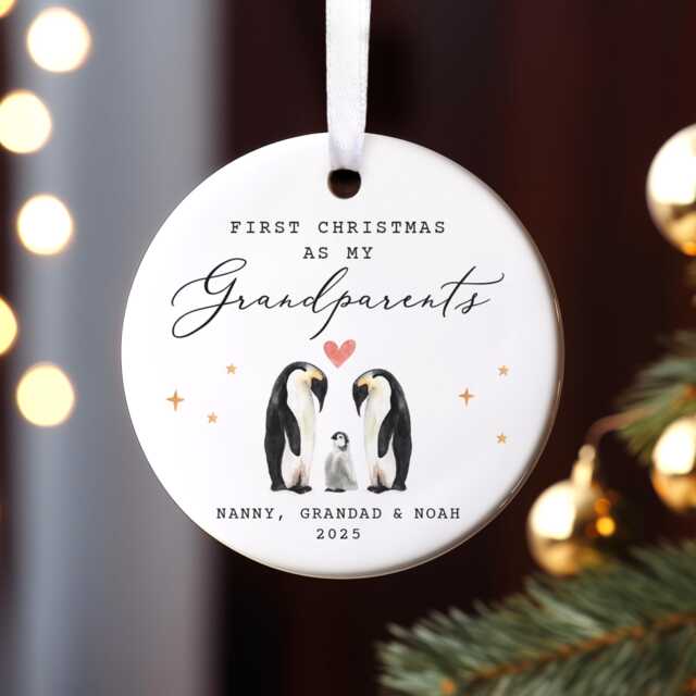 Personalised First Christmas As My Grandparents Ornament, New Grandad Grandpa Nanny Nanna Tree Decoration, Penguin Family Bauble - image 1