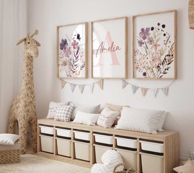 Set Of 3 Wildflower Nursery Prints - Custom Name Purple Watercolour Floral Personalised Girl Baby Room Boho Dusky Pink Lilac Unframed - image 1