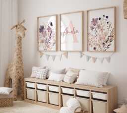 Set Of 3 Wildflower Nursery Prints - Custom Name Purple Watercolour Floral Personalised Girl Baby Room Boho Dusky Pink Lilac Unframed - thumbnail 1