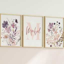 Set Of 3 Wildflower Nursery Prints - Custom Name Purple Watercolour Floral Personalised Girl Baby Room Boho Dusky Pink Lilac Unframed - thumbnail 3
