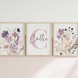 Set Of 3 Wildflower Nursery Prints - Custom Name Purple Watercolour Floral Personalised Girl Baby Room Boho Dusky Pink Lilac Unframed - thumbnail 2