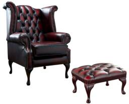 Chesterfield Queen Anne High Back Wing Chair in Antique Oxblood Leather With Footstool