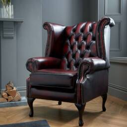 Chesterfield Queen Anne High Back Wing Chair in Antique Oxblood Leather With Footstool - thumbnail 2