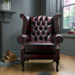 Chesterfield Queen Anne High Back Wing Chair in Antique Oxblood Leather With Footstool - thumbnail 3