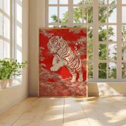 Japanese Tiger Art Print - Red & Gold Illustration, Bold Poster, Traditional Style, Wild Animal Wall - thumbnail 2