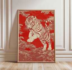 Japanese Tiger Art Print - Red & Gold Illustration, Bold Poster, Traditional Style, Wild Animal Wall - thumbnail 1