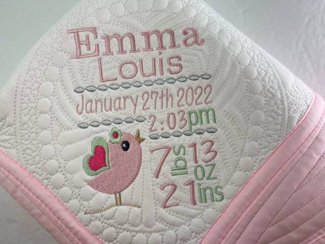 Personalized Baby Girl Quilt, Embroidered Bird Birth Stats, Keepsake Blanket - image 1