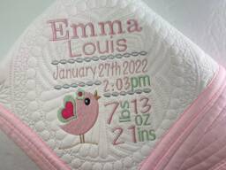 Personalized Baby Girl Quilt, Embroidered Bird Birth Stats, Keepsake Blanket - thumbnail 1
