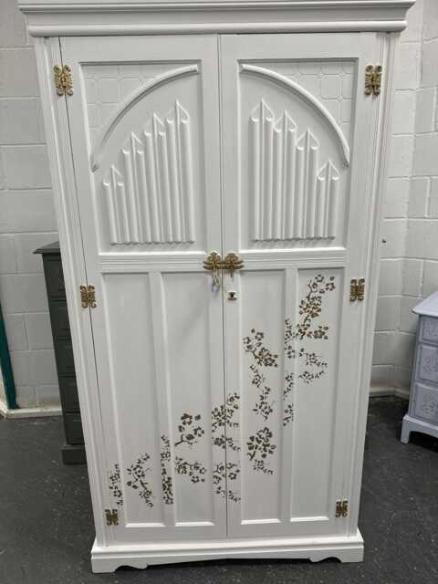Vintage Old Charm Linenfold Painted White & Gold Cherry Blossom Wardrobe - image 1