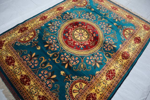 5x7 Afghan Area Rug - Turquoise Blue Oriental Hand Knotted Wool Turkmen Bukhara Tribal Rugs For Living Room Bedroom - image 1