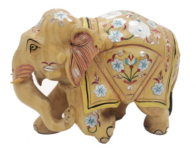 Hand Carved Wood Elephant Statue With Inlay Work - image 1