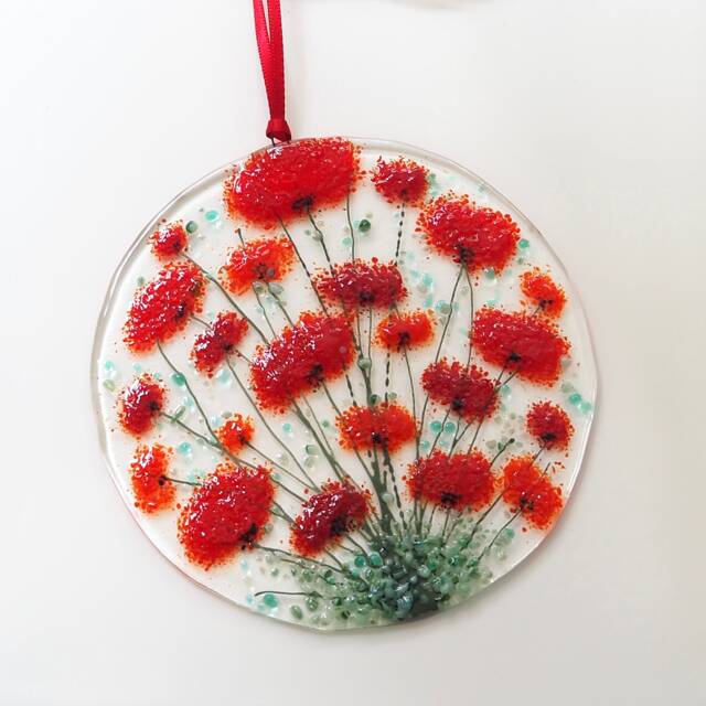 Fused Glass Sun-Catcher - Red Poppies Art Round Poppy Home Decor Fired Creations Eh 1395 - image 1