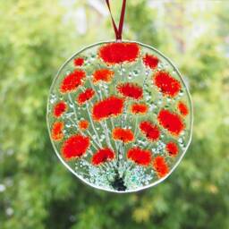 Fused Glass Sun-Catcher - Red Poppies Art Round Poppy Home Decor Fired Creations Eh 1395 - thumbnail 3