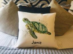 Personalised Turtle Country Canvas Cushion - Customised Sea Creature Linen Marine Lover Cover With Inner Filler - thumbnail 1
