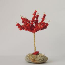 Mini Coral Gemstone Tree Sculpture, Golden Wire Bonsai - thumbnail 4