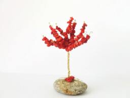 Mini Coral Gemstone Tree Sculpture, Golden Wire Bonsai