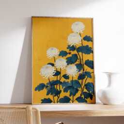Chrysanthemum Floral Poster Yellow Wall Art, Japanese-Inspired Illustration Print With Bold Botanical Design - thumbnail 2