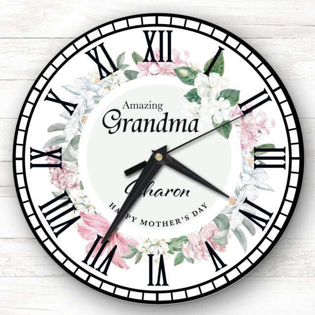 Grandma Mother's Day Gift Pink Floral Wreath Personalised Clock - image 1