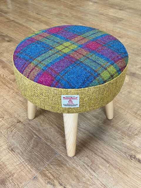Mustard & Colourful Tartan Harris Tweed Footstool With Varnished Wooden Legs - image 1