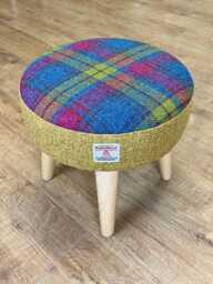 Mustard & Colourful Tartan Harris Tweed Footstool With Varnished Wooden Legs