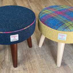 Mustard & Colourful Tartan Harris Tweed Footstool With Varnished Wooden Legs - thumbnail 4