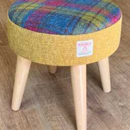 Mustard & Colourful Tartan Harris Tweed Footstool With Varnished Wooden Legs - thumbnail 3