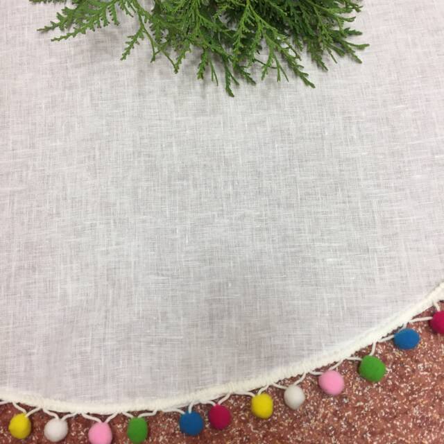 Handmade White Linen Christmas Tree Skirt Rustic Colorful Pom Poms - image 1