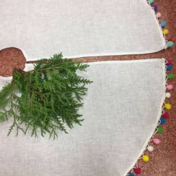 Handmade White Linen Christmas Tree Skirt Rustic Colorful Pom Poms - thumbnail 2