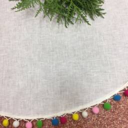 Handmade White Linen Christmas Tree Skirt Rustic Colorful Pom Poms