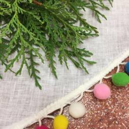 Handmade White Linen Christmas Tree Skirt Rustic Colorful Pom Poms - thumbnail 3